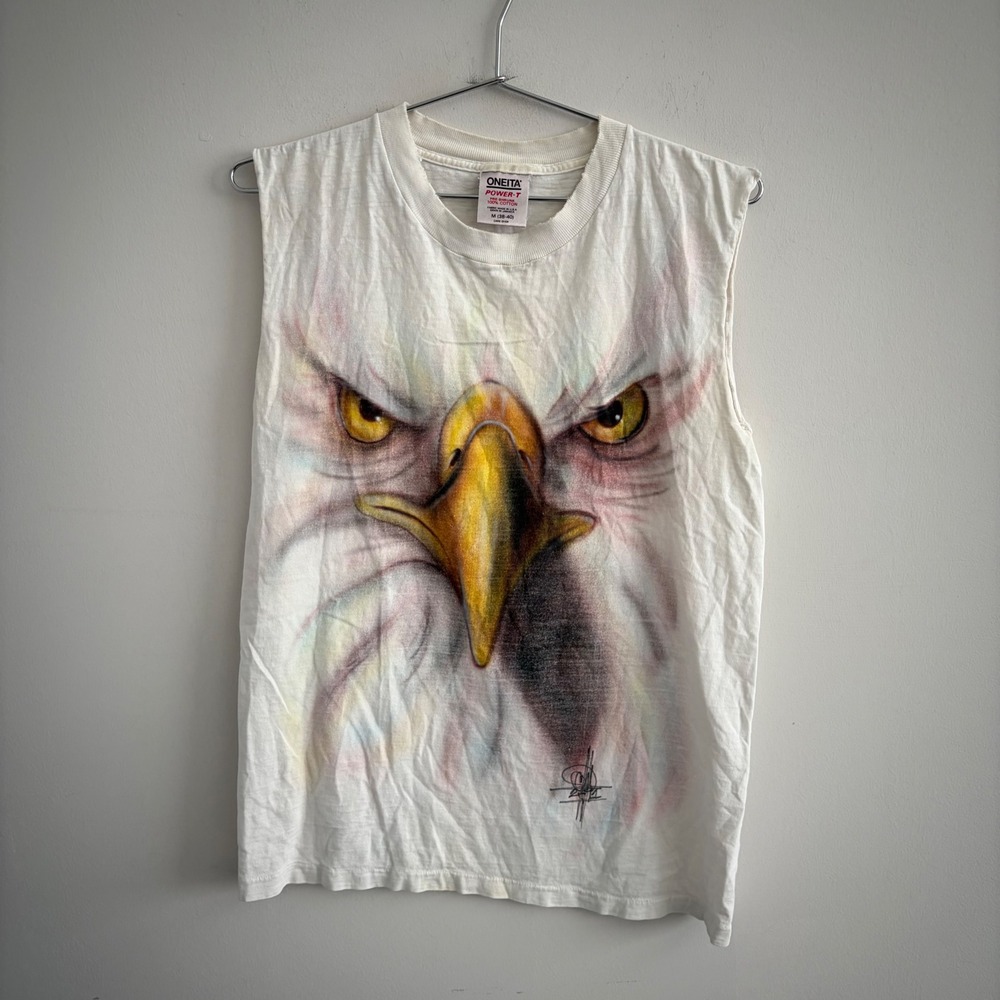 Vintage Oneita Power-T Bald Eagle Graphic Sleeveless T-Shirt White Mens Medium
